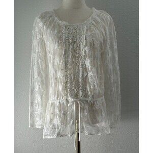 Monoreno White Lace Tie Waist Tunic Top M Sheer Boho Fairycore Coquette Ethereal